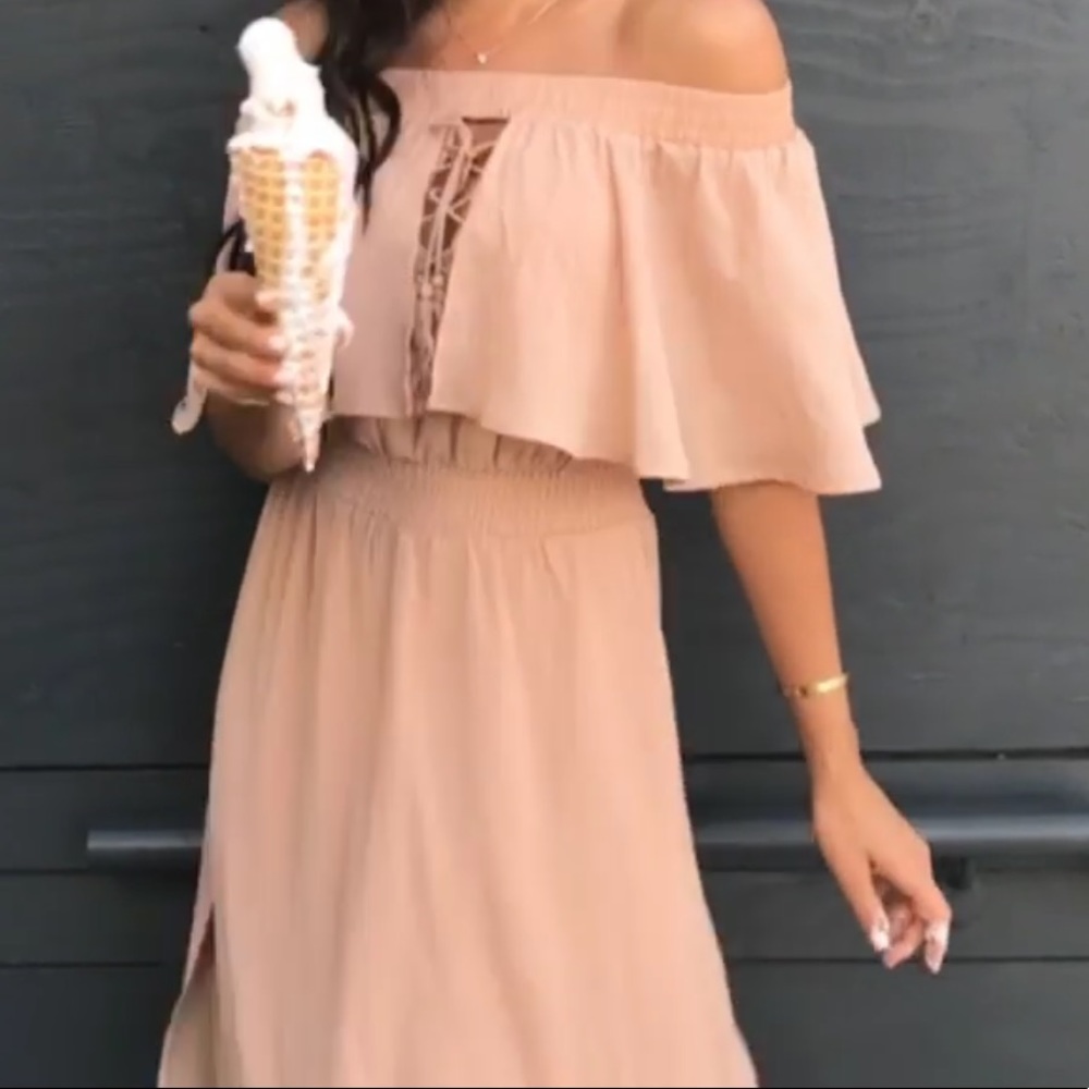 Blush flowy off the shoulder dress